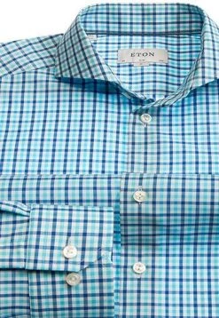 ETON Slim Fit Hai 3262/73511/23 Hemd, Twill, Dunkelblau-türkis kariert, Blau