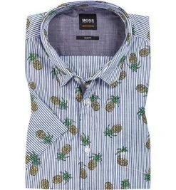 HUGO BOSS Hemd Cattitude 50382081/404 Kurzarmhemd, Slim Fit, Popeline, Multicolor gemustert, Dunkelblau