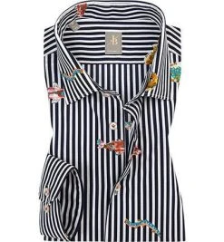 Jacques Britt Hemd Como 531070/19 Custom Fit, Popeline, Nachtblau-weiß gestreift, Dunkelblau