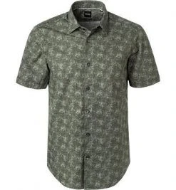 BOSS Hemd Luka 50406417/306 Kurzarmhemd, Regular Fit, Popeline, Olivgrün gemustert, Dunkelgrün