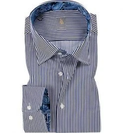 Jacques Britt Hemd Messina Mix 662010/19 Slim Fit, Popeline, Weiß-dunkelblau gestreift, Dunkelblau