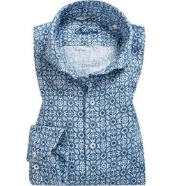 Stenströms Hemd 675221/7984/121 Fitted Body, Reines Leinen, Blau gemustert, Blau