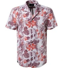 JOOP! Hemd Hannes 30019629/660 Kurzarmhemd, Leinen-Baumwolle, Weiß-dunkelrot gemustert, Weiß-orange-dunkelrot