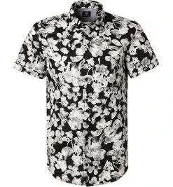 Strellson Hemd Corvin 30020204/420 Kurzarmhemd, Baumwolle, Schwarz-weiß gemustert, Schwarz-weiß