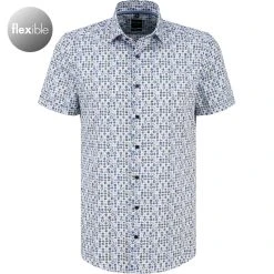 OLYMP Level Five Body Fit 2100/72/11 Kurzarmhemd, Jersey geruchshemmend, Weiß-blau gemustert, Bleu