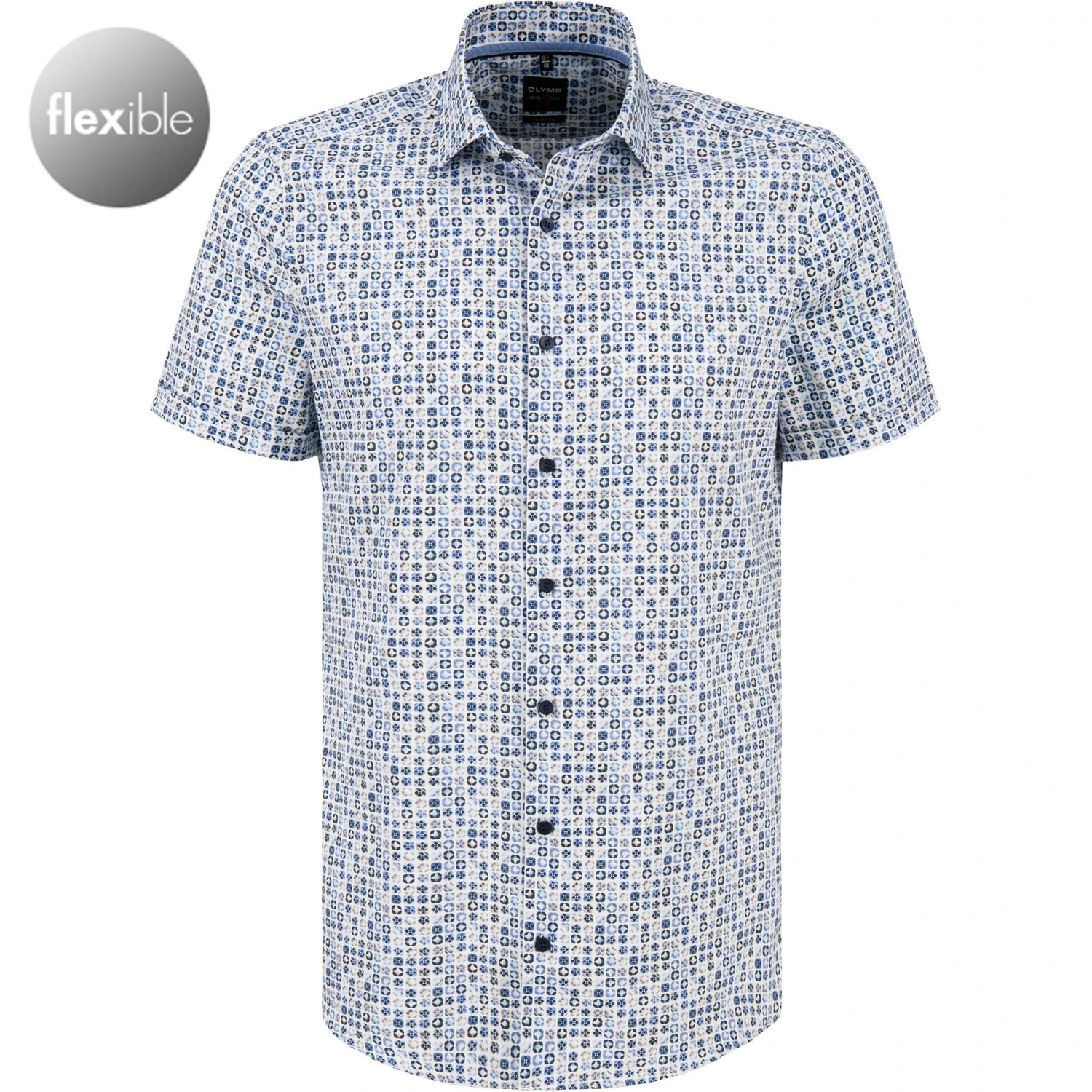OLYMP Level Five Body Fit 2100/72/11 Kurzarmhemd, Jersey geruchshemmend, Weiß-blau gemustert, Bleu 1 OLYMP Level Five Body Fit 2100/72/11 Kurzarmhemd, Jersey geruchshemmend, Weiß-blau gemustert, Bleu