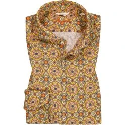 Stenströms Hemd 675221/8187/731 Fitted Body, Reines Leinen, Gelb-olive gemustert, Braun-grün