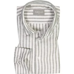 fakts Hemd 6020/313 Slim Fit, Leinen, Graugrün-weiß gestreift, Hellgrau