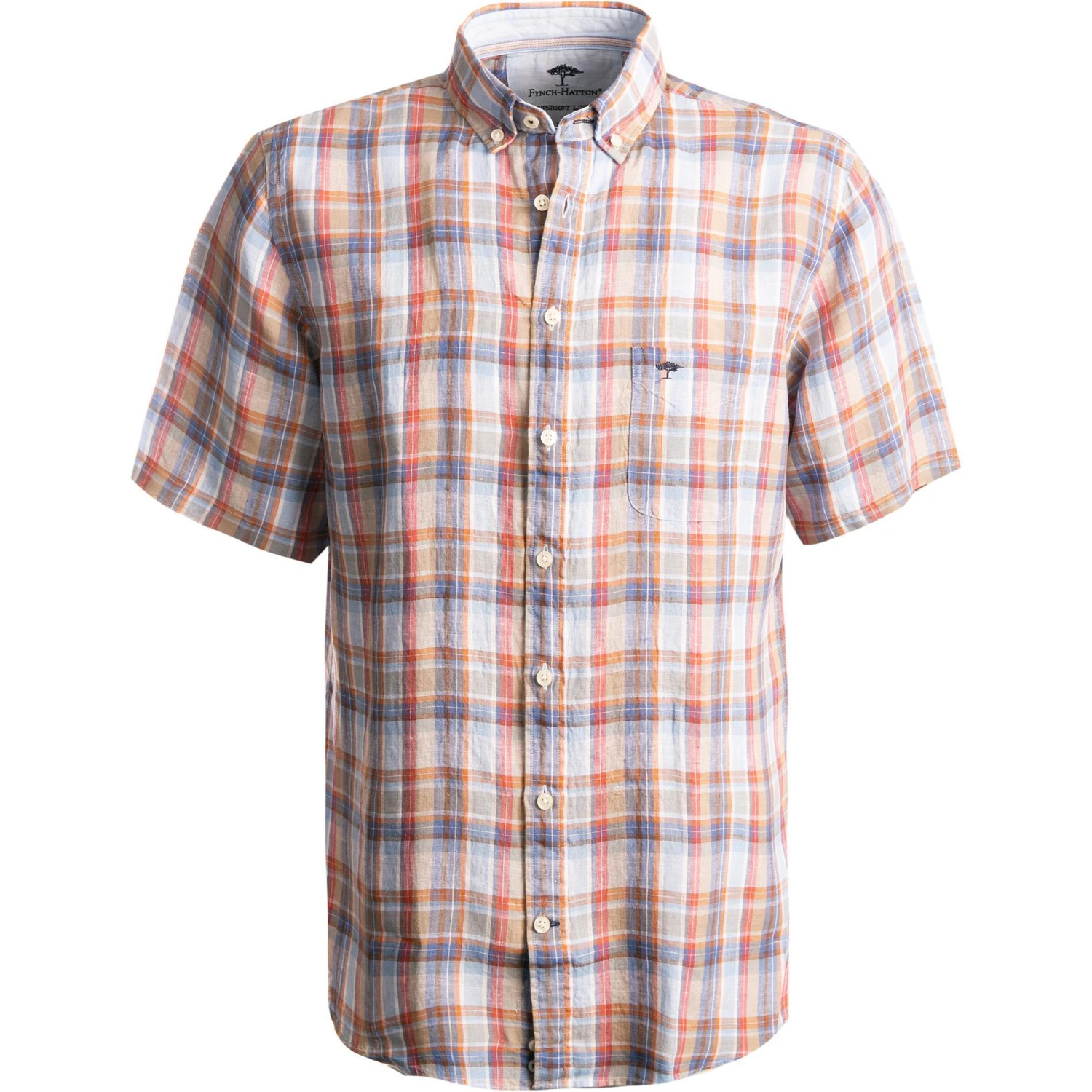 Fynch-Hatton Hemd 1121 6051/6053 Kurzarmhemd, Casual Fit, Reines Leinen, Blau-orange kariert, Blau-orange-rot 1 Fynch-Hatton Hemd 1121 6051/6053 Kurzarmhemd, Casual Fit, Reines Leinen, Blau-orange kariert, Blau-orange-rot