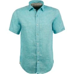 FIL NOIR Hemd Roma 51490/81 Kurzarmhemd, Shaped Fit, Reines Leinen, Mintblau meliert, Mintgrün