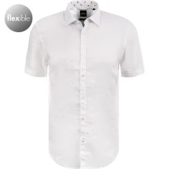 BOSS Hemd Ronn 50453012/100 Kurzarmhemd, Slim Fit, Leinen-Stretch atmungsaktiv, Weiß
