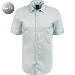 BOSS Hemd Ronn 50453012/452 Kurzarmhemd, Slim Fit, Leinen-Stretch atmungsaktiv, Pastellblau