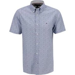 Tommy Hilfiger Hemd MW0MW18873/0K4 Kurzarmhemd, Regular Fit, Popeline, Weiß-blau gemustert, Hellblau-weiß