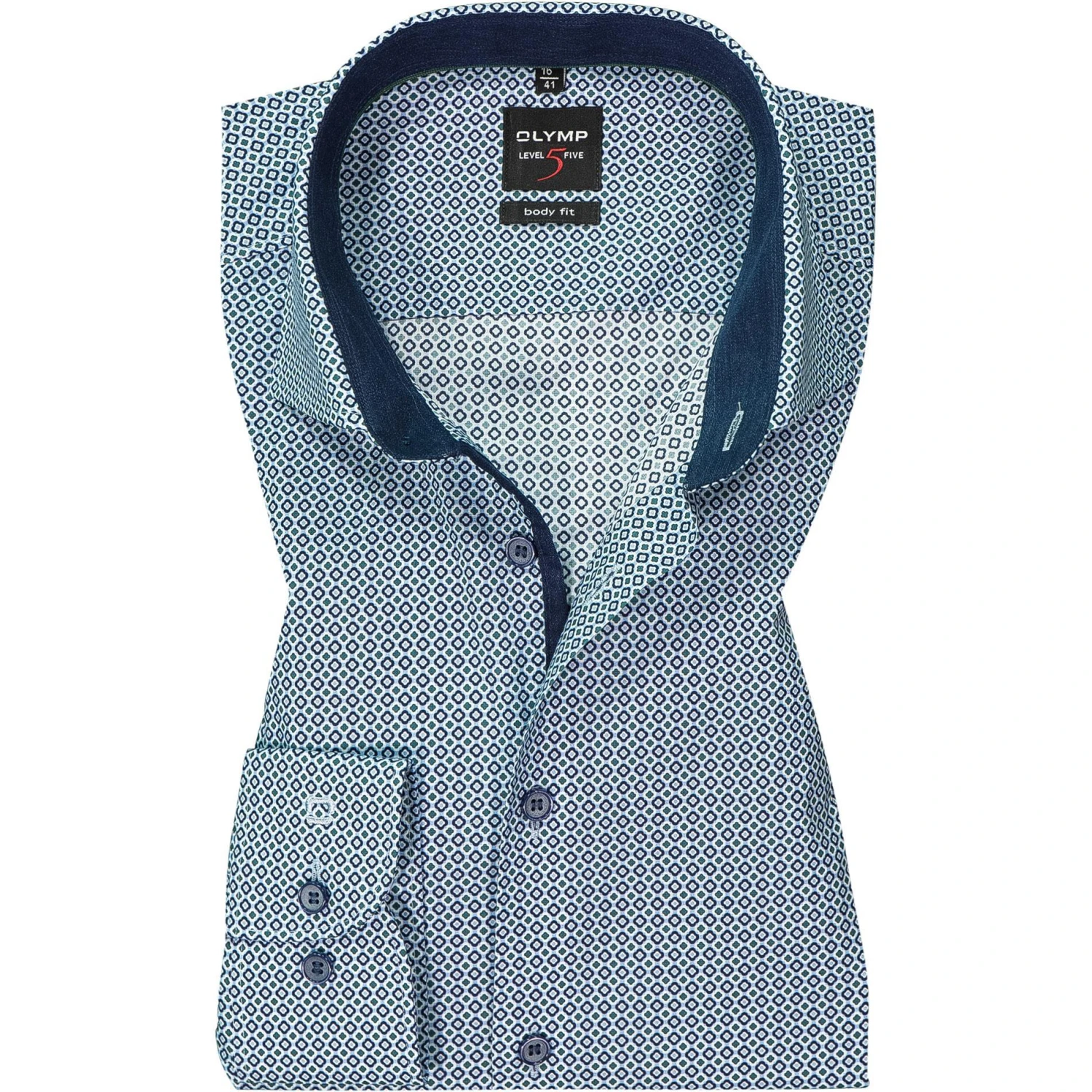 OLYMP Level Five Body Fit 2098/84/45 Hemd, Baumwolle, Blau gemustert , Grün 1 OLYMP Level Five Body Fit 2098/84/45 Hemd, Baumwolle, Blau gemustert , Grün