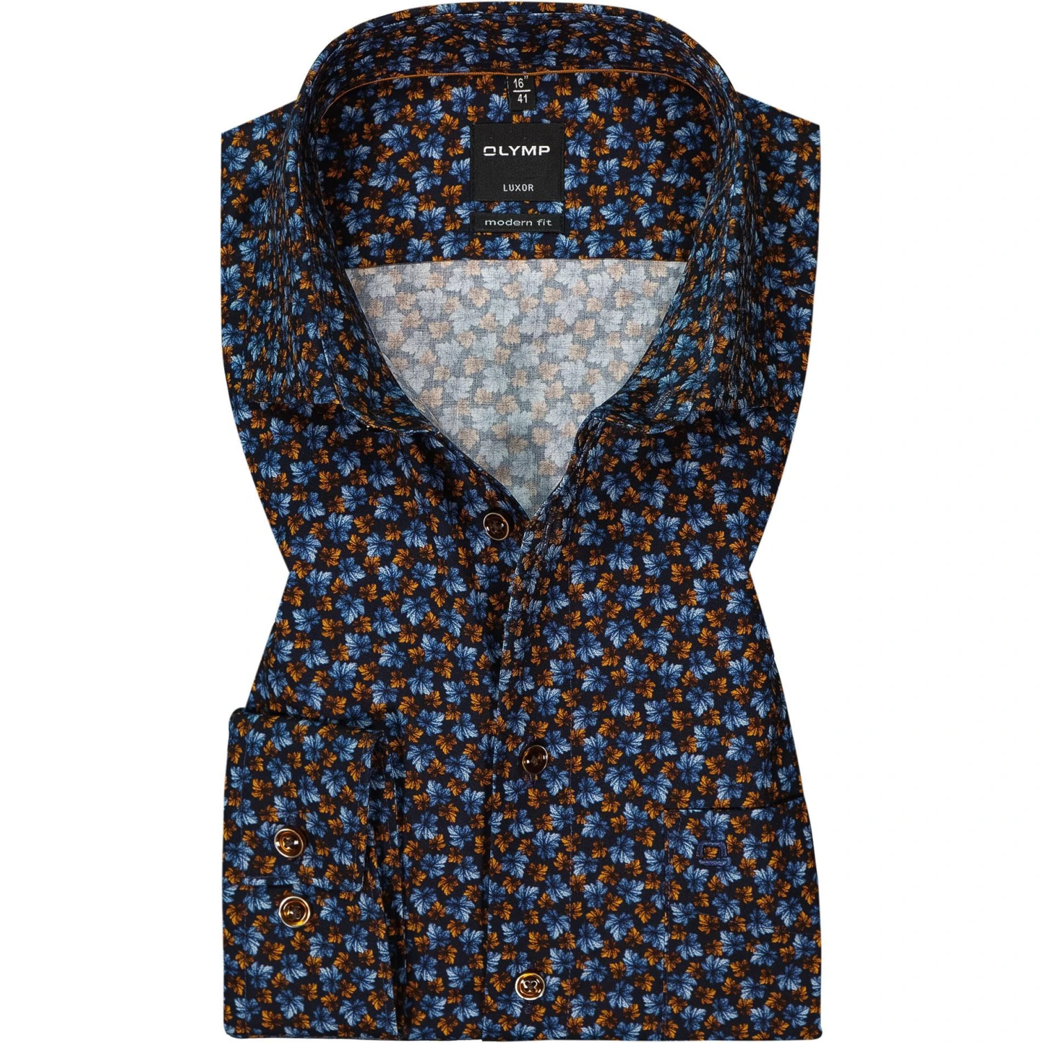 OLYMP Luxor Modern Fit 1227/64/24 Hemd, Baumwolle, Blau-braun gemustert, Caramel 1 OLYMP Luxor Modern Fit 1227/64/24 Hemd, Baumwolle, Blau-braun gemustert, Caramel