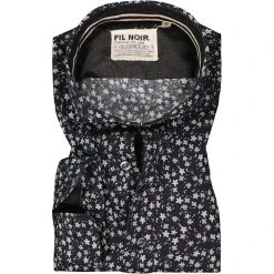 FIL NOIR Hemd Giuseppe 51567/09 Shaped Fit, Baumwolle CO2-Neutral, Dunkelblau-silbergrau gemustert, Schwarz