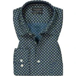 Marc O'Polo Hemd 128 7201 42030/D81 Regular Fit, Popeline, Navy-olivgrün gemustert, Dunkelblau