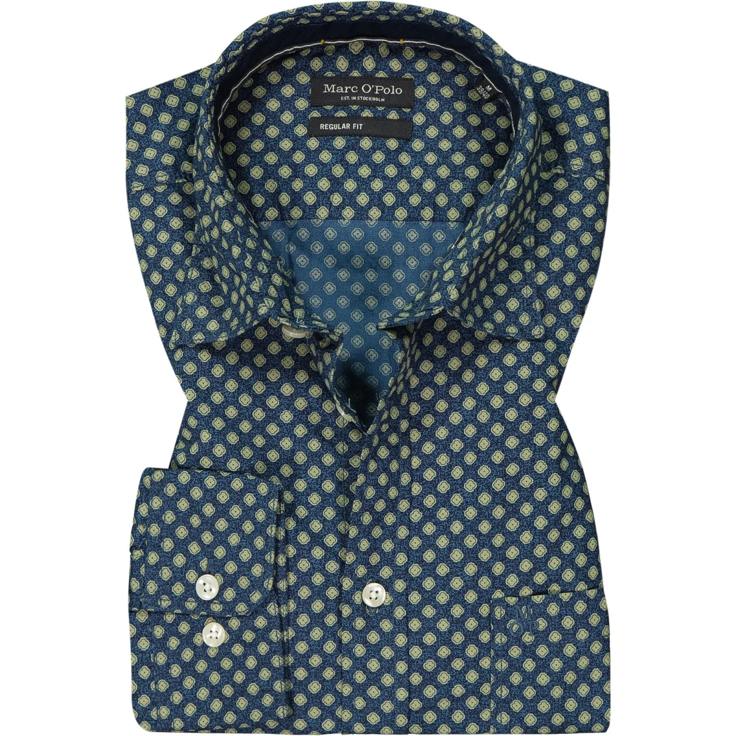 Marc O'Polo Hemd 128 7201 42030/D81 Regular Fit, Popeline, Navy-olivgrün gemustert, Dunkelblau 1 Marc O'Polo Hemd 128 7201 42030/D81 Regular Fit, Popeline, Navy-olivgrün gemustert, Dunkelblau
