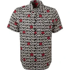 HUGO Hemd Ellino 50468084/001 Kurzarmhemd, Straight Fit, Popeline, Schwarz-beige gemustert, Schwarz