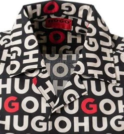 HUGO Hemd Ellino 50468084/001 Kurzarmhemd, Straight Fit, Popeline, Schwarz-beige gemustert, Schwarz -hemdenverkauf 384445 norm2